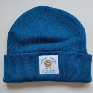St Viateur Bagel blue tuque, knit hat Montreal brand - New